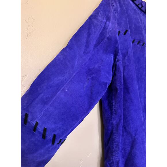 Vintage Audrey Jones Deep Royal Blue with Black Stitch Leather Suede Jacket - Picture 6 of 8